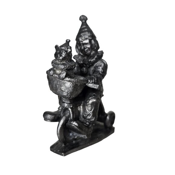 Vintage micheal ricker Pewter Clown On Tricycle Figurine With Cat In Basket - Picture 2 of 9